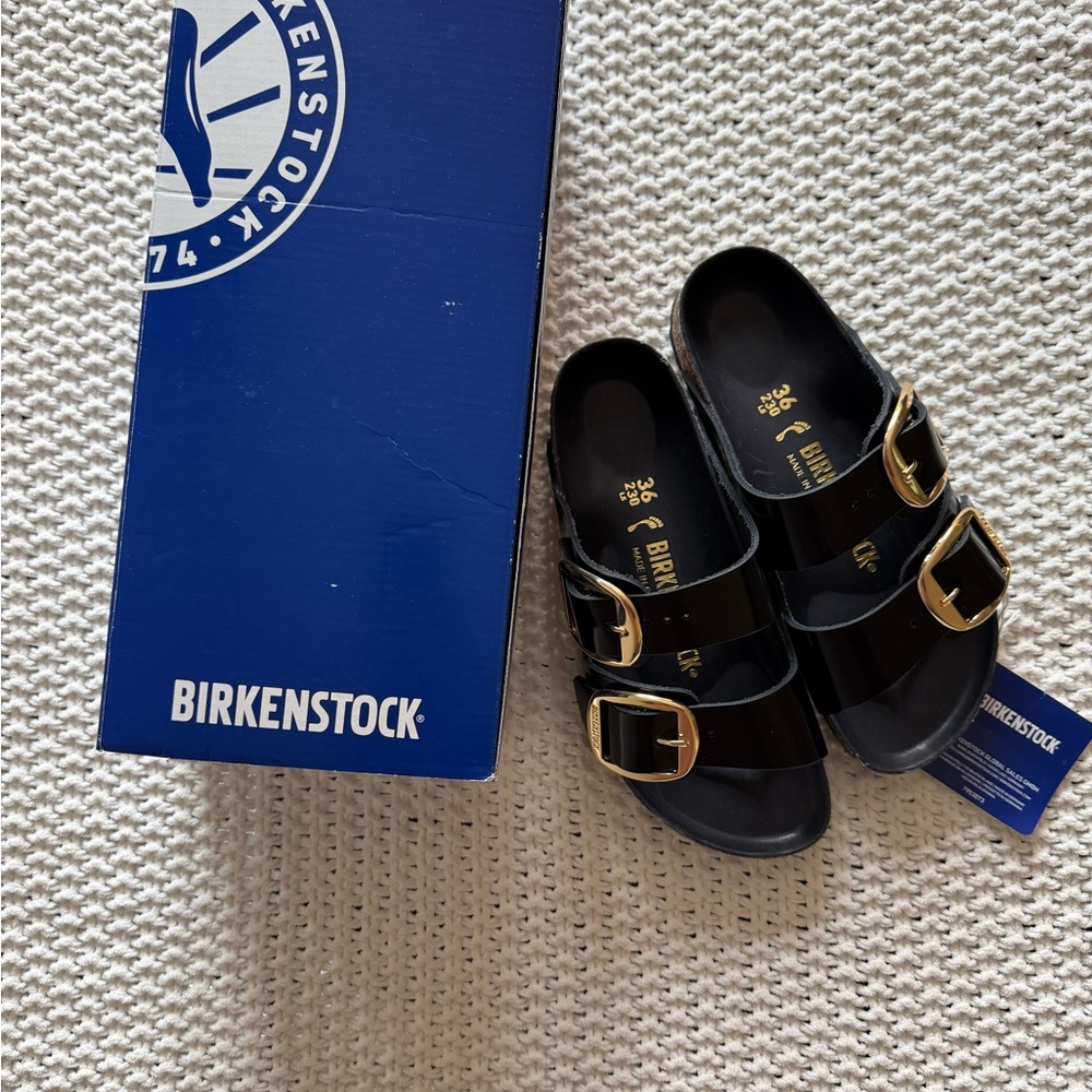 Birkenstock Arizona Big Buckle Slide in  High Shine Black with Gold Buckles